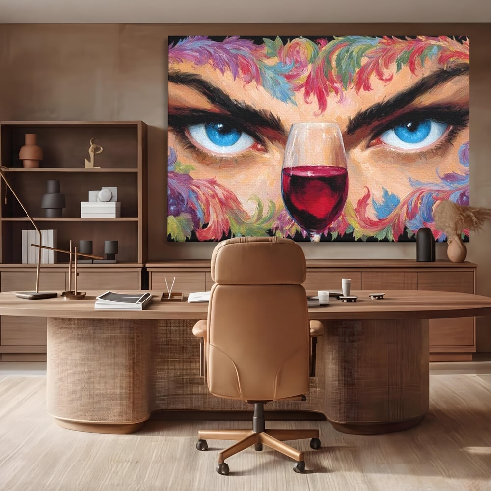 Tablou canvas cu tablou canvas cu ochi albastri si pahar de vin, fara rama, pe sasiu de lemn, pe perete intr-un birou